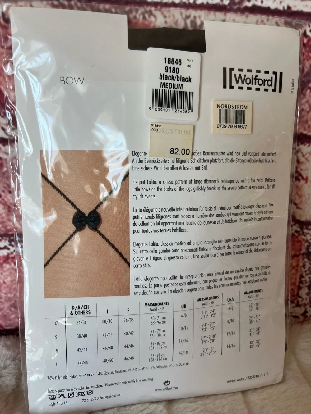 Wolford Elegant Lolita Tights Black Large Diamond Bow Pattern M NIP